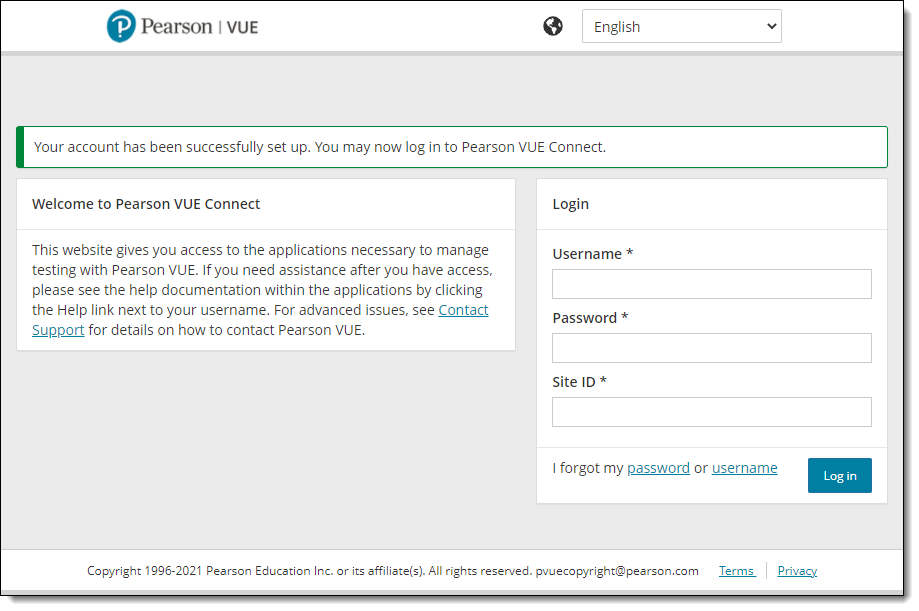 Account successfully set up. Log in to Pearson VUE Connect.
